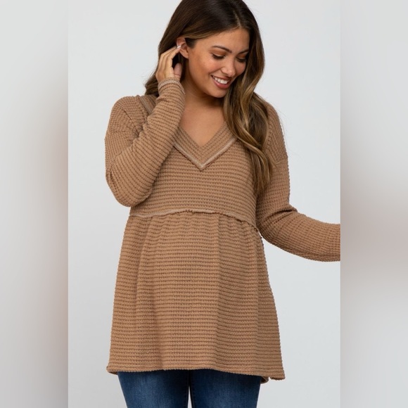 PinkBlush Camel Waffle Knit Maternity Peplum Top - Picture 2 of 5